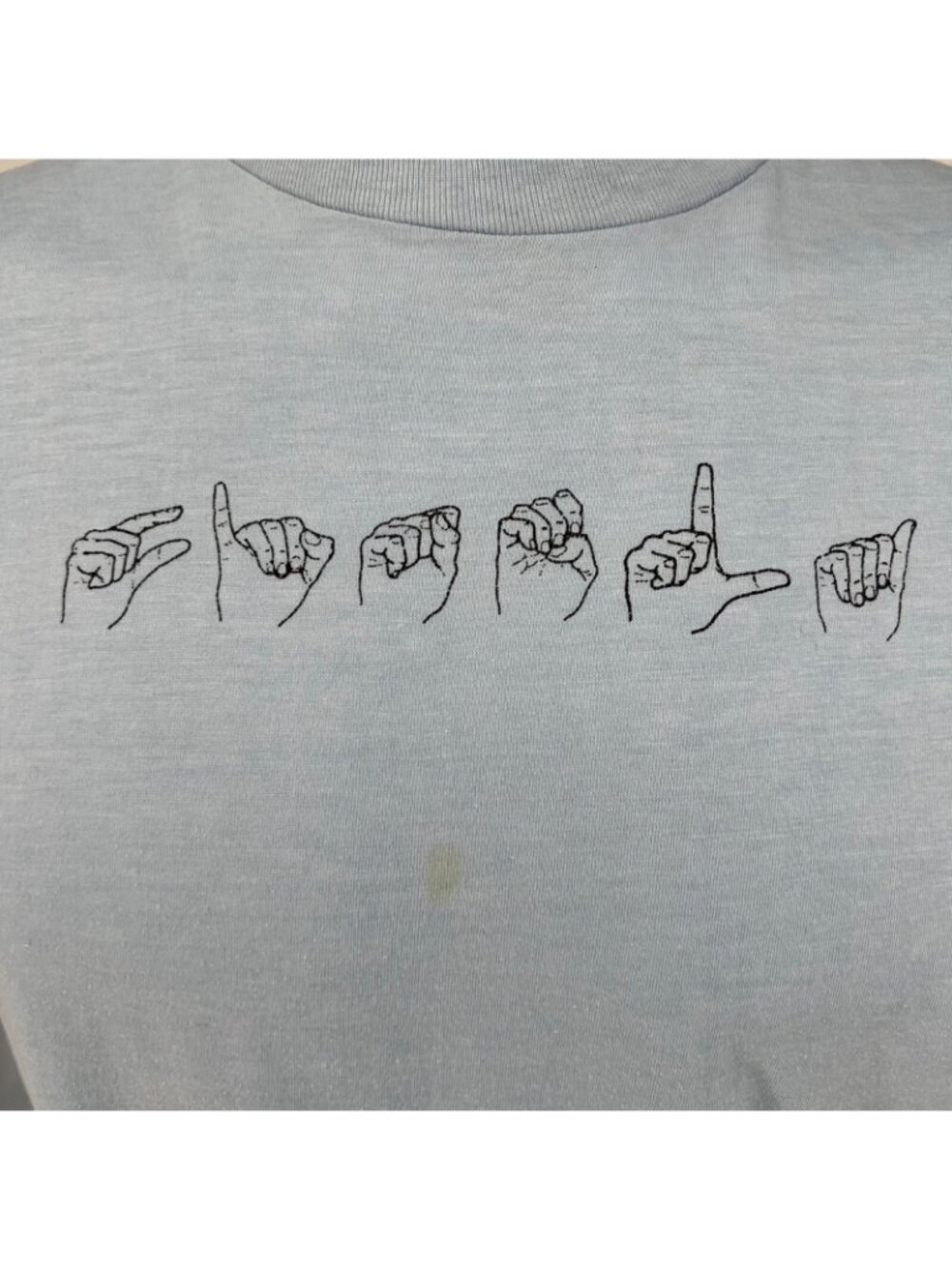 Vintage 1980s Hanes Light Blue Cotton/Poly ASL "Gisela" T-Shirt (Large) - Picture 4 of 13